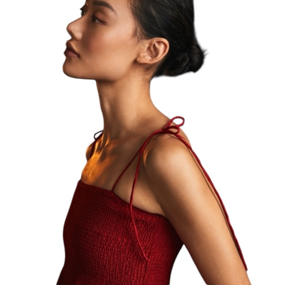 NWOT Anthropologie Dhruv Kapoor Red Smocked Bodice Tiered Midi Dress Size L - Picture 4 of 12